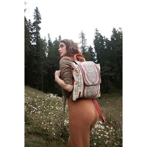 Myra Bag Handmade Fleur Backpack Upcycled Canvas & Cowhide Leather - Picture 1 of 10